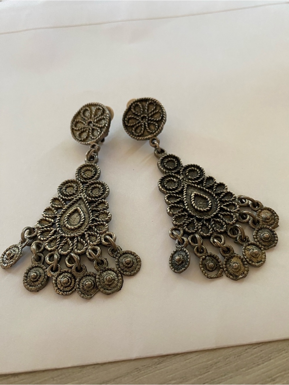 Antique brass chandelier Filigree bohemian Victorian 70’s clip Earrings
